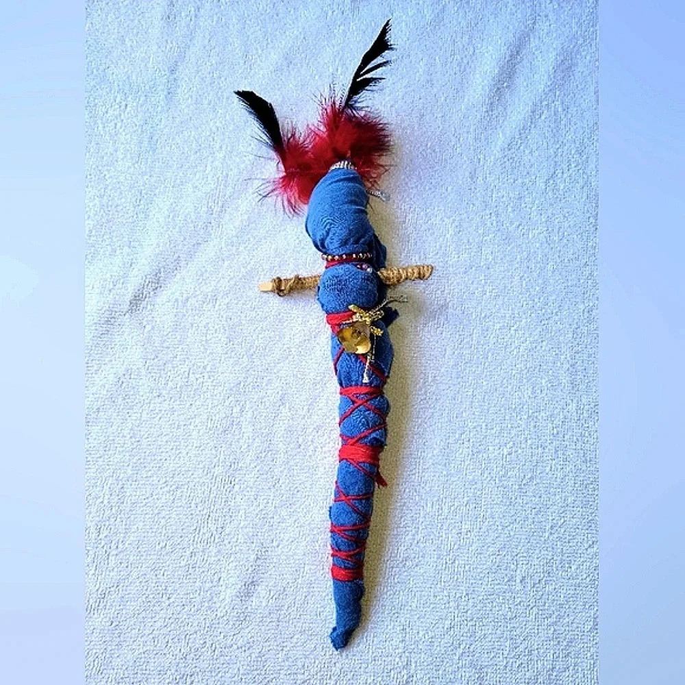 Homemade Doll Blue cloth red string  gold bell red and black feathers